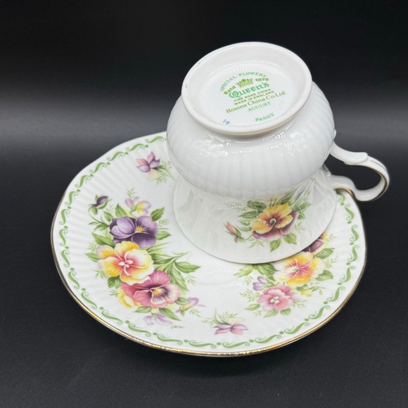 Queen's Special Flowers Month August Pansy Tea Cup Set Bone China England - Picture 4 of 5